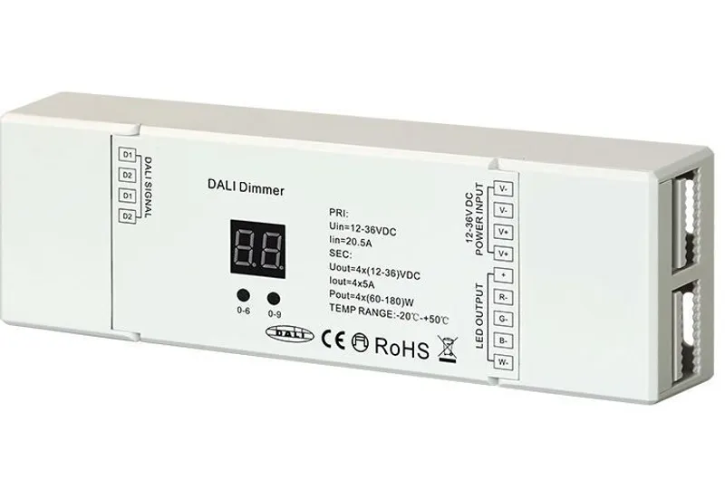 Controller Synergy 21 LED Serie EOS 07 DALI DT8 RGB/RGB-W con display digitale e terminali per segnale DALI, alimentazione
