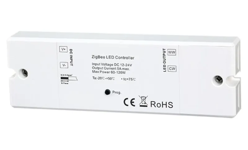 Controller LED Synergy 21 Serie EOS 2.4G 2 canali CCT con etichetta ZigBee, terminali DC INPUT/LED OUTPUT e pulsante Prog.
