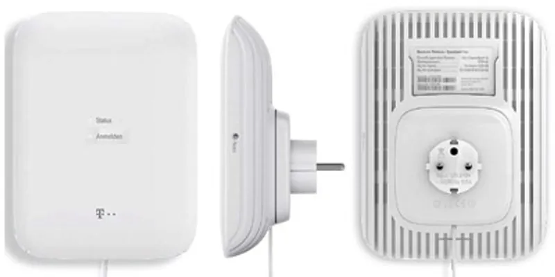 Telekom Speedport Neo con Speedphone 10, tre viste del router bianco mostrano il pannello frontale con LED di stato, il