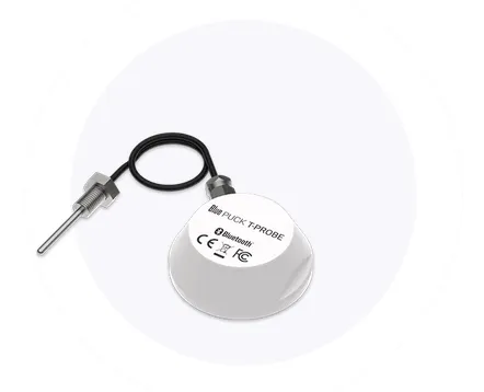 Teltonika Blue Puck T-Probe EN12830-2018 Bluetooth Temperatursensor, weißer runder Puck mit Bluetooth-Logo und silberner