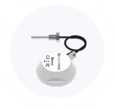 Teltonika Blue Puck T-Probe EN12830-2018 Bluetooth-Temperatursensor, weißer runder Sensor mit schwarzer Kabelverbindung zu