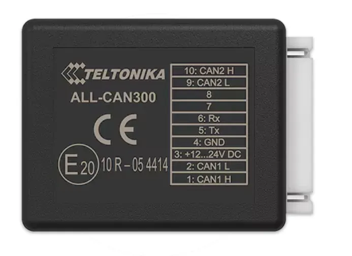 Черный прямоугольный модуль Teltonika ALL-CAN300 с белым текстом, отображающий название модели, знак сертификации CE и