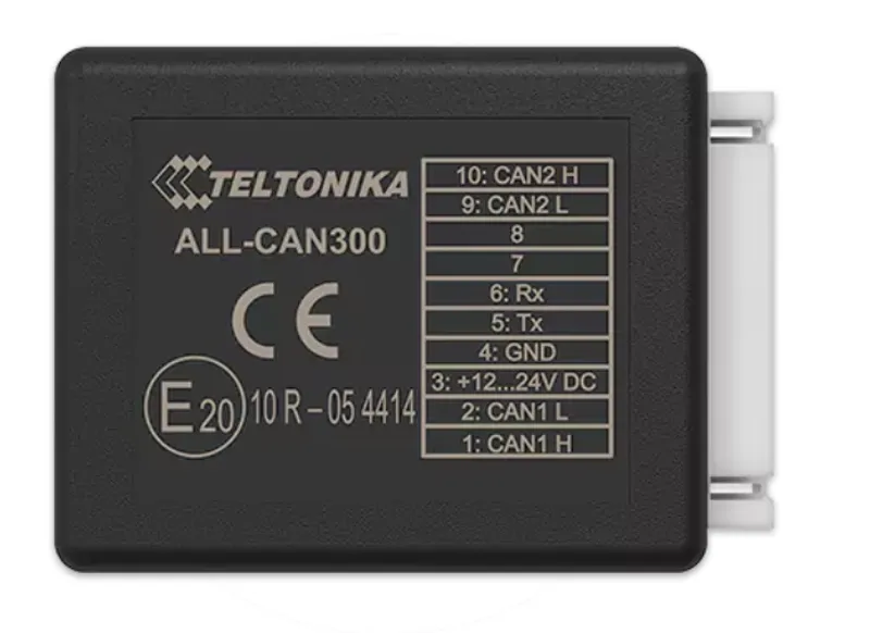 Черный прямоугольный модуль Teltonika ALL-CAN300 с белым текстом, отображающий название модели, знак сертификации CE и