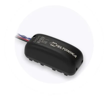 Adaptador de datos CAN sin contacto Teltonika ECAN02, mostrando la superficie superior con logotipo blanco, indicadores LED