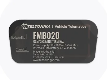 Teltonika FMB020, tracker GPS per veicoli, visualizzato dall'alto con specifiche tecniche e LED di stato