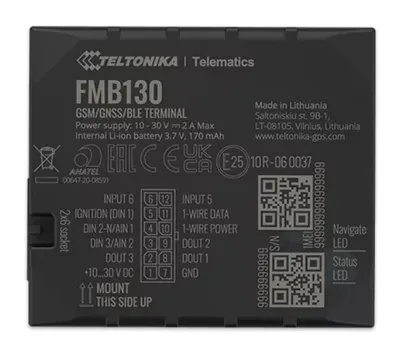 Teltonika FMB130 2G/GSM автомобильный GPS-трекер с GNSS, BLE 4.0 и настраиваемыми входами, вид сверху на черный корпус с