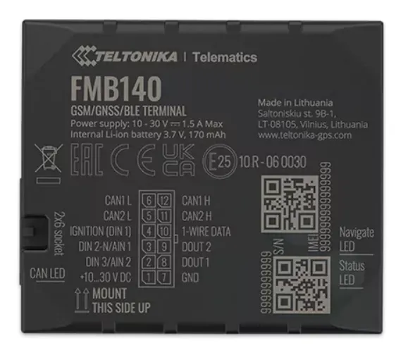 Teltonika FMB140 GPS-трекер для транспортных средств с черной задней панелью, на которой изображена схема подключения,