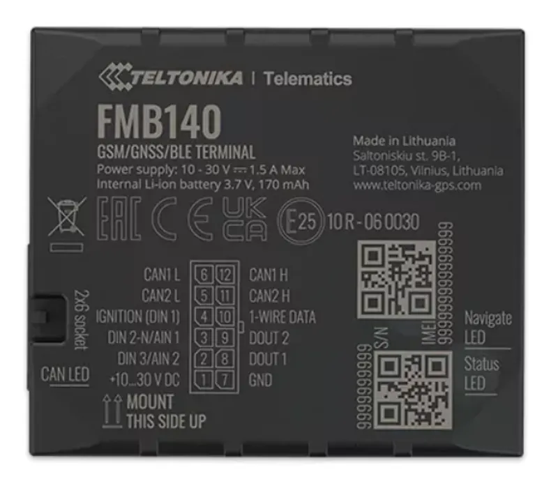 Teltonika FMB140 GPS-трекер для транспортных средств с черной задней панелью, на которой изображена схема подключения,