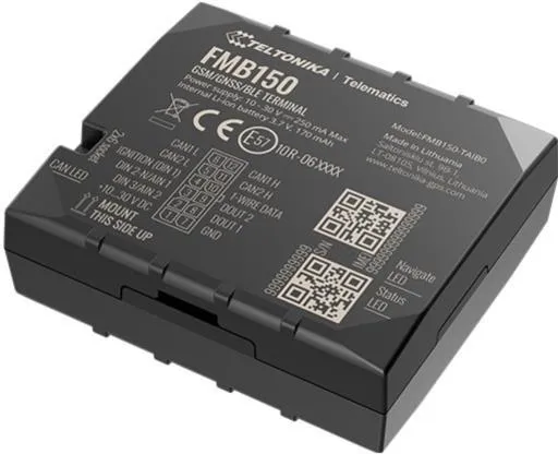 Teltonika FMB150 GPS tracker, black rectangular device with white text label, pinout diagrams, QR codes, LED indicators,