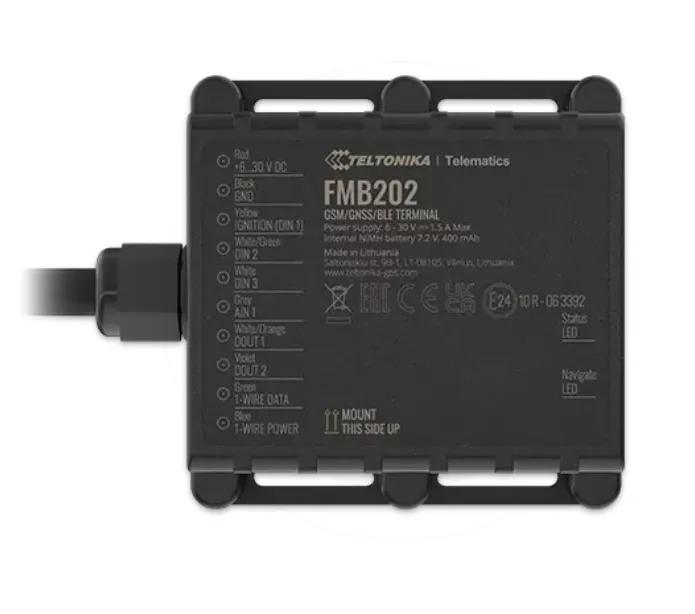 Teltonika FMB202 GPS tracker with cable, shown top-down displaying wire color codes and specifications.