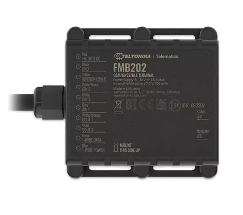 Teltonika FMB202 GPS tracker with cable, shown top-down displaying wire color codes and specifications.