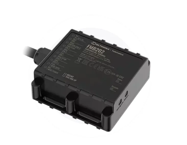 Teltonika FMB202 GPS tracker with white label and pinout diagram on black rectangular device, shown from high angle with