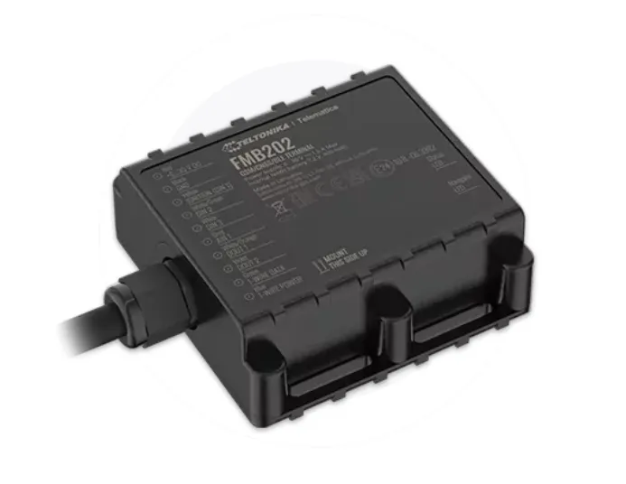 Teltonika FMB202 GPS tracker with black cable and mounting slots, shown from above with model details and pinout diagram