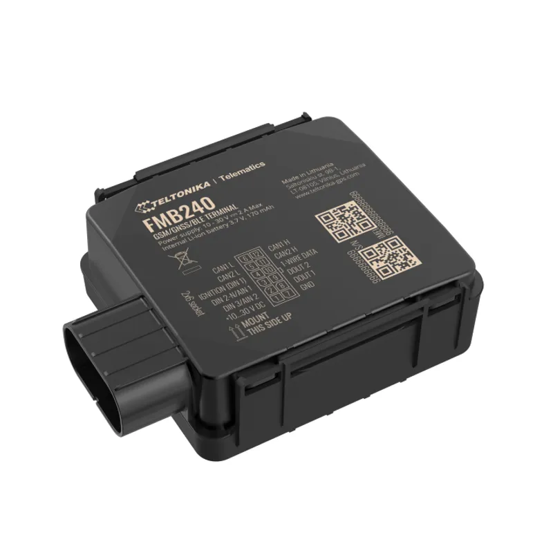 Черный прямоугольный Teltonika FMB240 GPS-трекер с крупным разъемом OBD-II слева, сверху белый текст с названием модели,