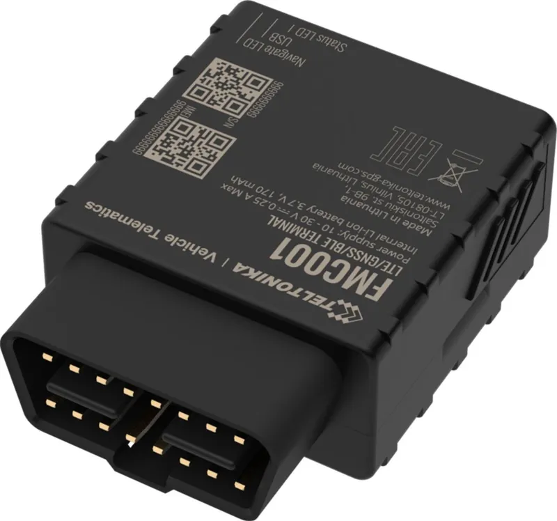 Черный Teltonika FMC001 LTE OBD GPS-трекер с GNSS и BLE 4.0, отображающий верхнюю поверхность с 16-контактным разъемом OBD