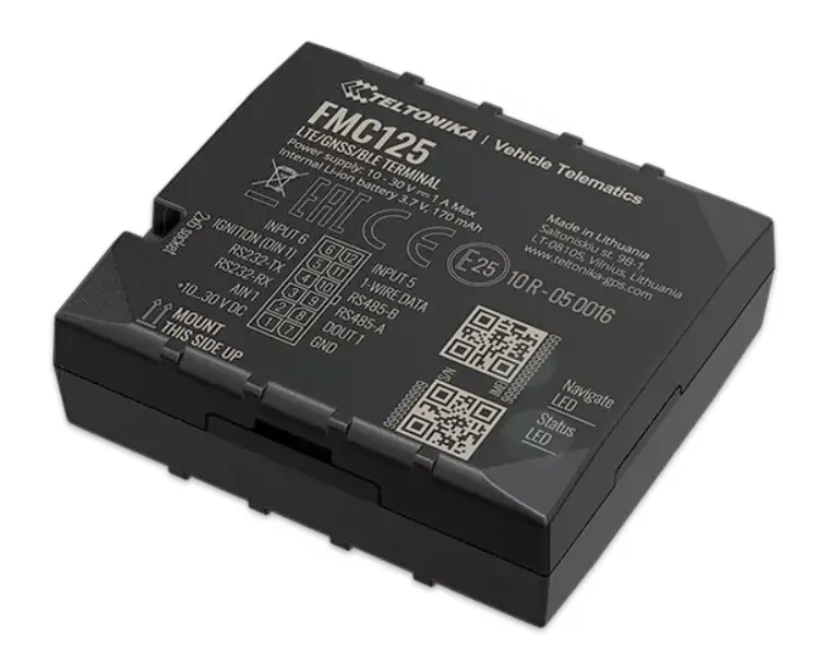 Teltonika FMC125 Advanced Series 4G LTE Fahrzeug-GPS-Tracker mit GNSS/BLE, Unterseite mit Beschriftung, Anschlussdiagramm