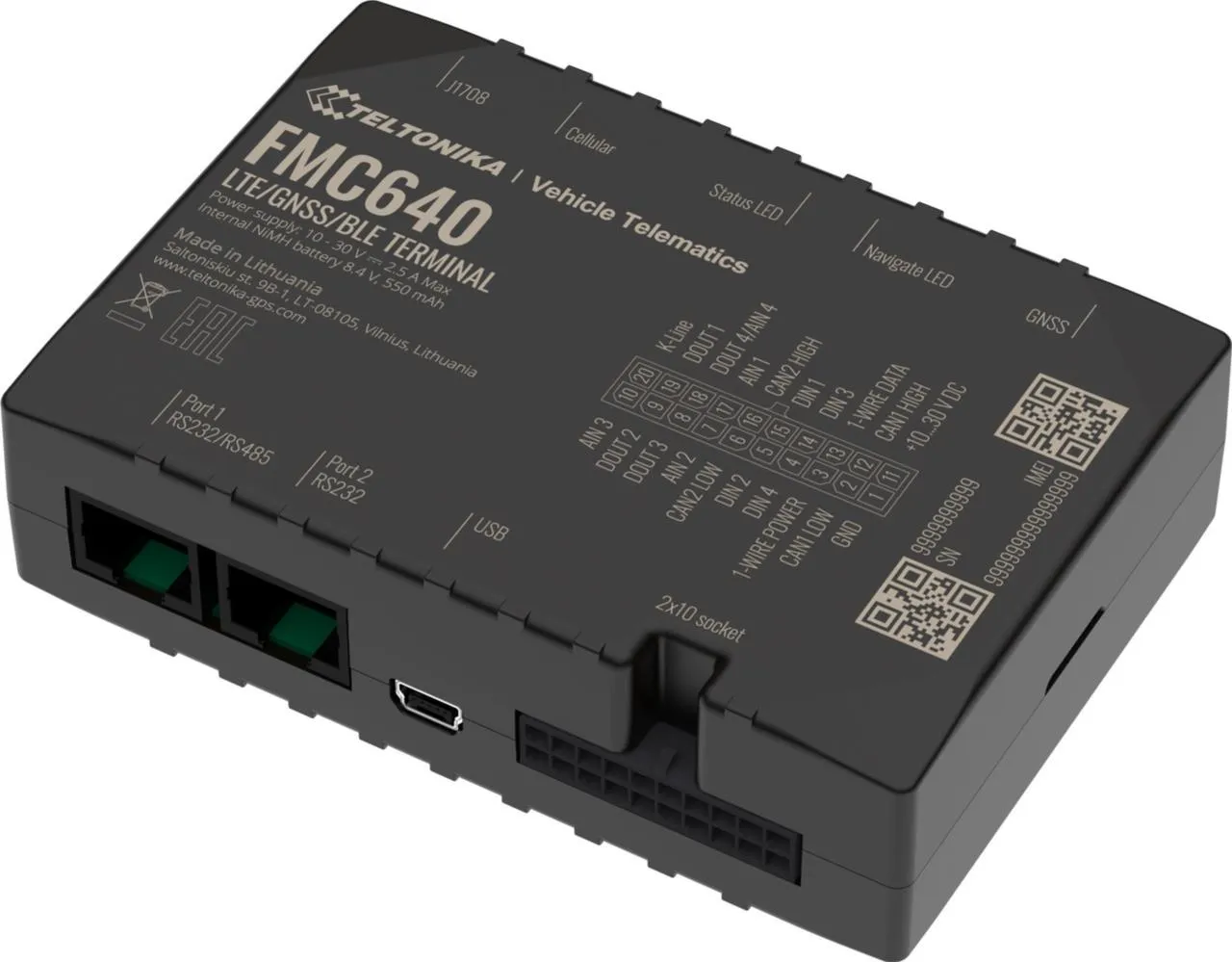 Terminal Teltonika FMC640 PROFESSIONAL Series GNSS/LTE/3G/GSM visto in alto a tre quarti mostra la superficie superiore con Terminal Teltonika FMC640 PROFESSIONAL Series GNSS/LTE/3G/GSM visto in alto a tre quarti mostra la superficie superiore con