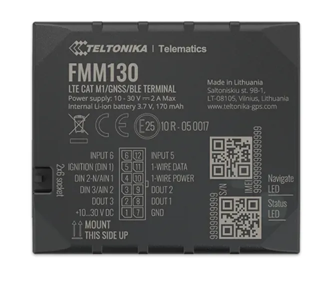 Teltonika FMM130 LTE/GSM/GNSS/BLE 4.0 Vehicle GPS Tracker, rear view of black terminal with model name, power specs, pinout