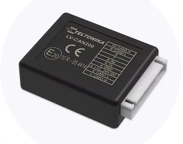 Módulo electrónico Teltonika LV-CAN200 con conector blanco de múltiples pines, mostrando logotipo, certificaciones CE y