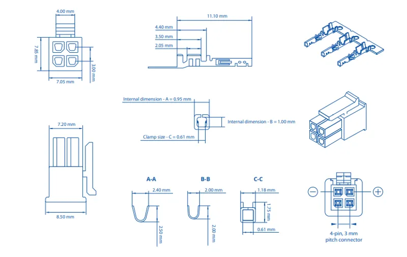 Teltonika 4-pin connector technical diagram with orthographic views, cross-sections, and 3 mm pitch polarity for industrial