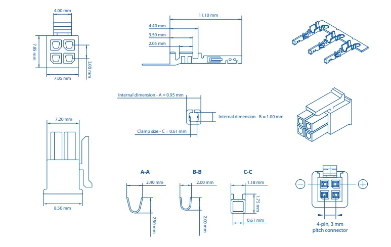 Teltonika 4-pin connector technical diagram with orthographic views, cross-sections, and 3 mm pitch polarity for industrial Teltonika 4-pin connector technical diagram with orthographic views, cross-sections, and 3 mm pitch polarity for industrial