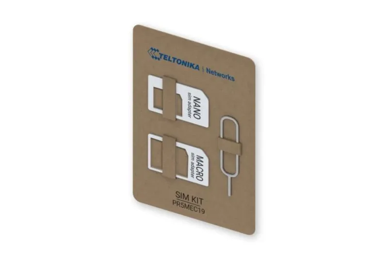 Teltonika Networks SIM Card Adapter Kit, braune Pappe mit weißem Nano SIM Adapter, Macro SIM Adapter und silbernem
