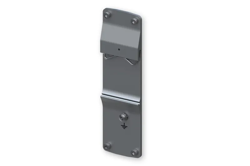 Teltonika TSW1XX Rear DIN Rail Mount Panel, graues Metallmontagehalterung mit vier Schraubenlöchern und Erdungsschraube,