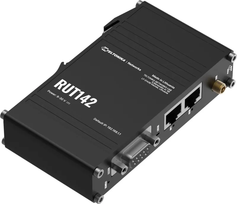 Teltonika RUT142 kompakter Industrie-Ethernet-Router, schwarz, mit Ethernet-Anschlüssen, Antennenbuchse und seriellen