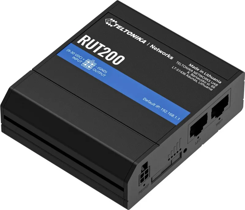 Teltonika RUT200 Industrieller LTE-Router mit WiFi und Dual-Ethernet, schwarz, von oben fotografiert, mit Beschriftung und