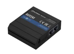 Routeur compact 4G/LTE Teltonika RUT241 avec alimentation universelle, vu en angle trois-quarts supérieur montrant