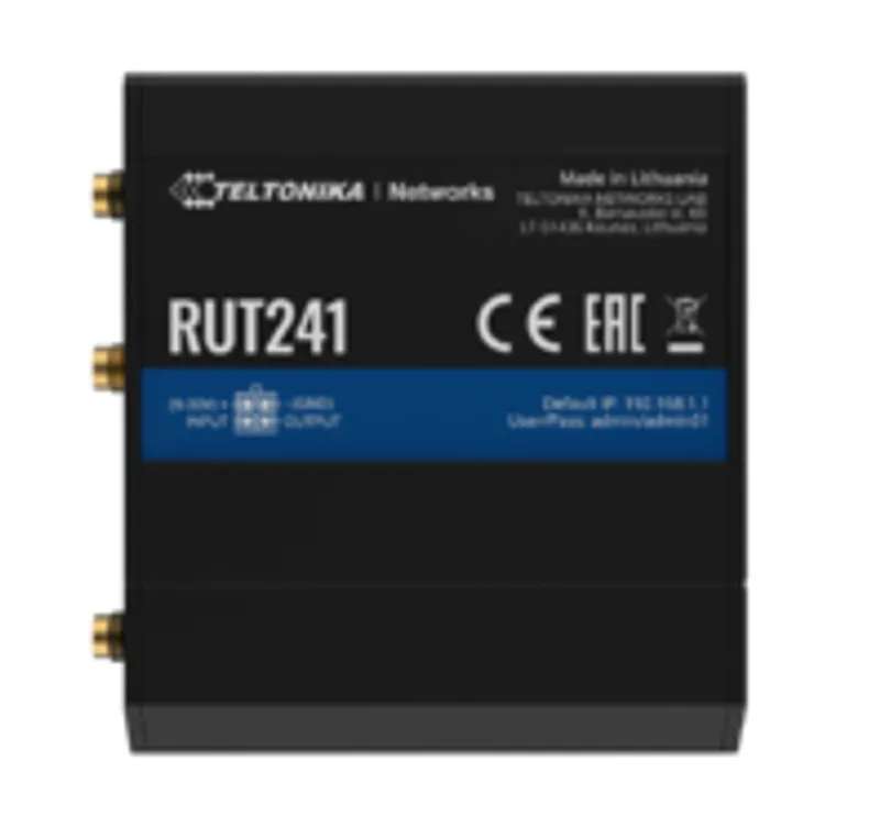 Teltonika RUT241, router compacto 4G/LTE con soporte eSIM, mostrando conectores de antena, número de modelo, logotipo del