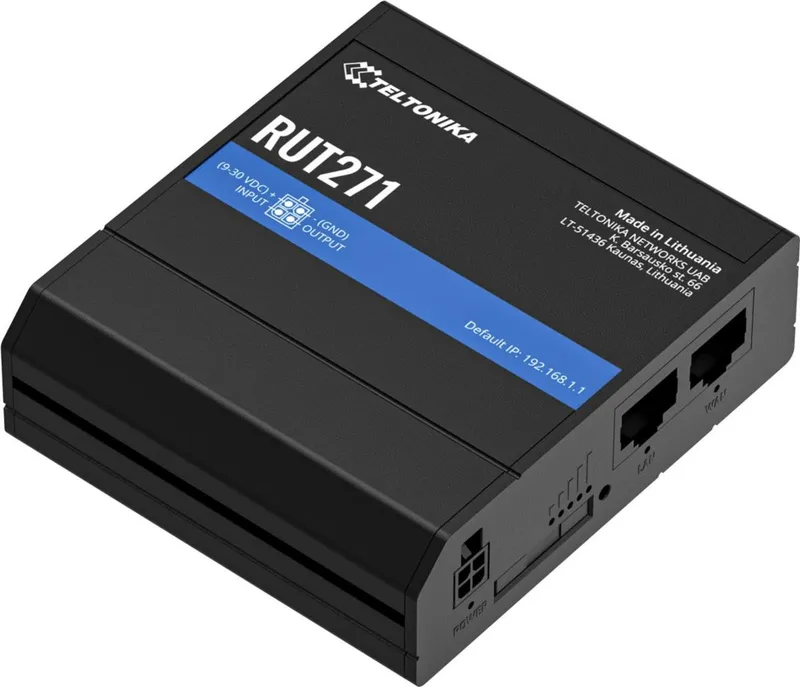 Teltonika RUT271 Industrial RedCap 5G Router, schwarz, von oben schräg vorne fotografiert, mit Beschriftungen und