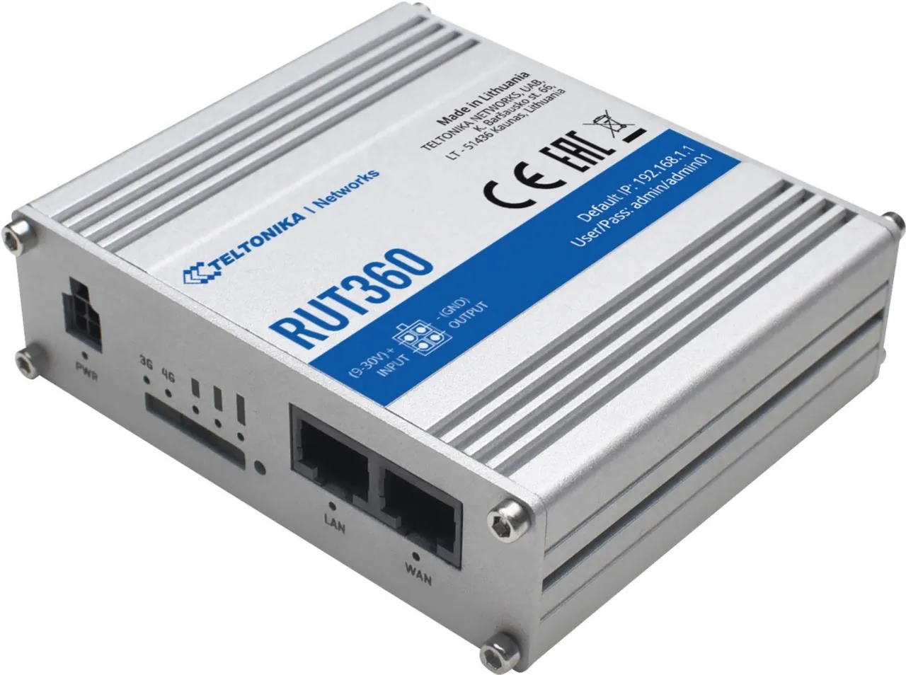 RUT360 Industrieller 4G LTE Cat 6 Router mit DIN-Schienenhalterung, silberne Metalloberseite mit blau-weißem Etikett, RUT360 Industrieller 4G LTE Cat 6 Router mit DIN-Schienenhalterung, silberne Metalloberseite mit blau-weißem Etikett,
