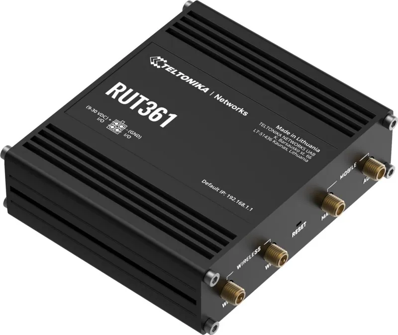 Teltonika RUT361 router industriale 4G LTE CAT6 con I/O digitali, vista angolare alta su dispositivo nero opaco con
