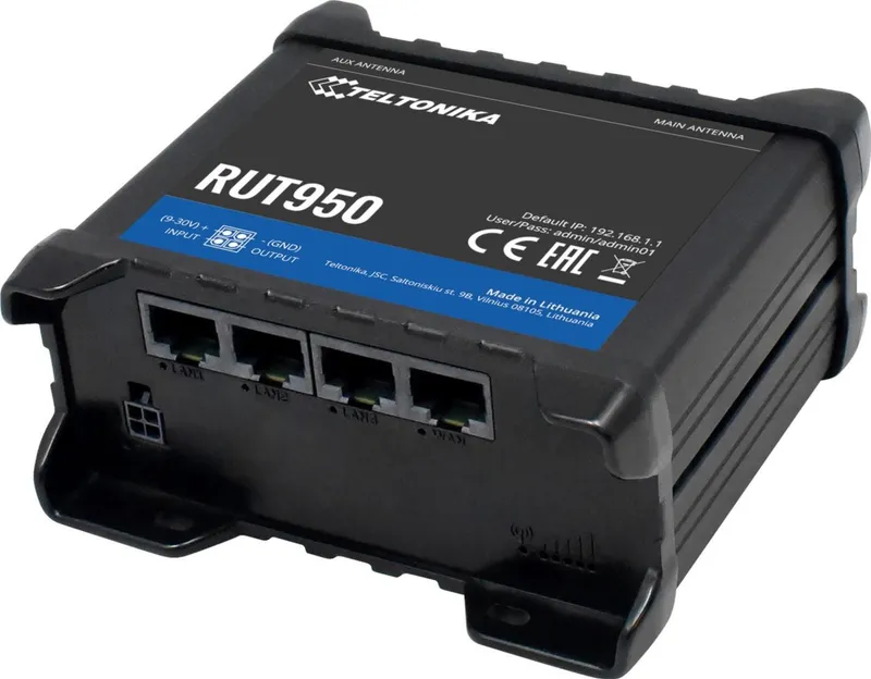 Router LTE NextGen Teltonika RUT950 con carcasa resistente y puertos Ethernet LAN1-WAN, vista superior e inclinada.