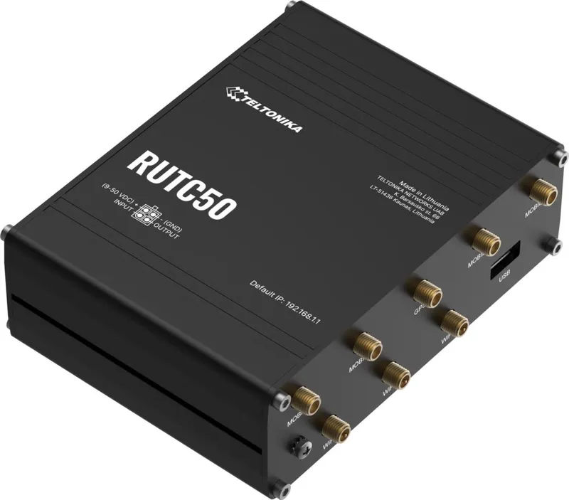 Industrie 5G Router Wireless Multitool, matte schwarze Teltonika RUTX50 von oben mit Modellname, IP-Adresse und