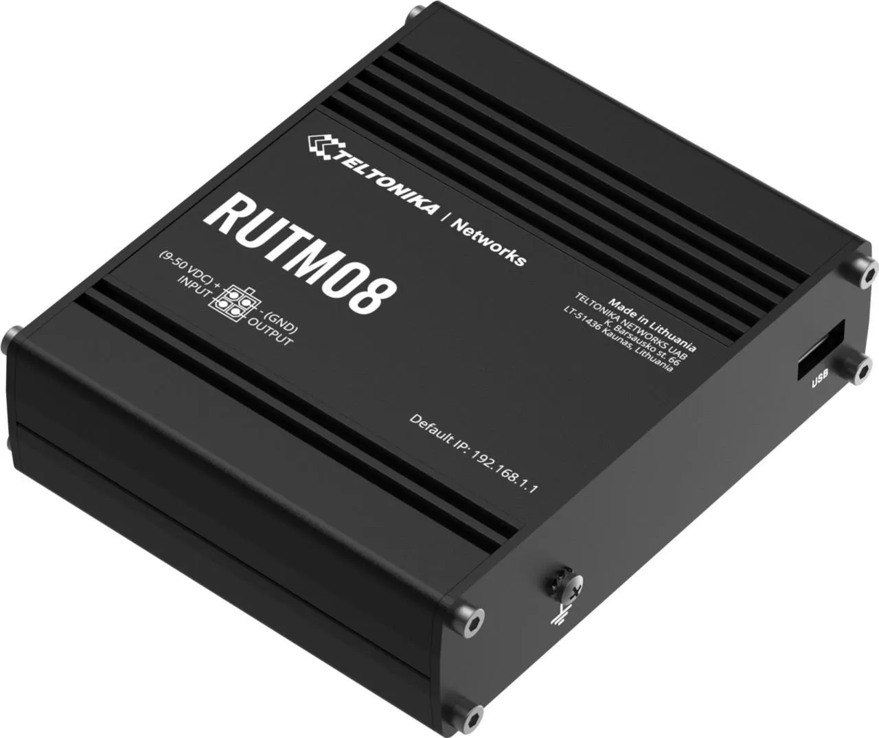 Teltonika RUTM08, router industrial negro mostrado en perspectiva superior con detalles técnicos, puertos y tornillos de Teltonika RUTM08, router industrial negro mostrado en perspectiva superior con detalles técnicos, puertos y tornillos de