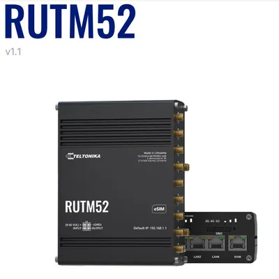 Teltonika RUTM52 Dual-5G-Router mit Frontlogo, Antennenanschlüssen, Ethernet-Ports und SIM-Slot für industrielle Teltonika RUTM52 Dual-5G-Router mit Frontlogo, Antennenanschlüssen, Ethernet-Ports und SIM-Slot für industrielle