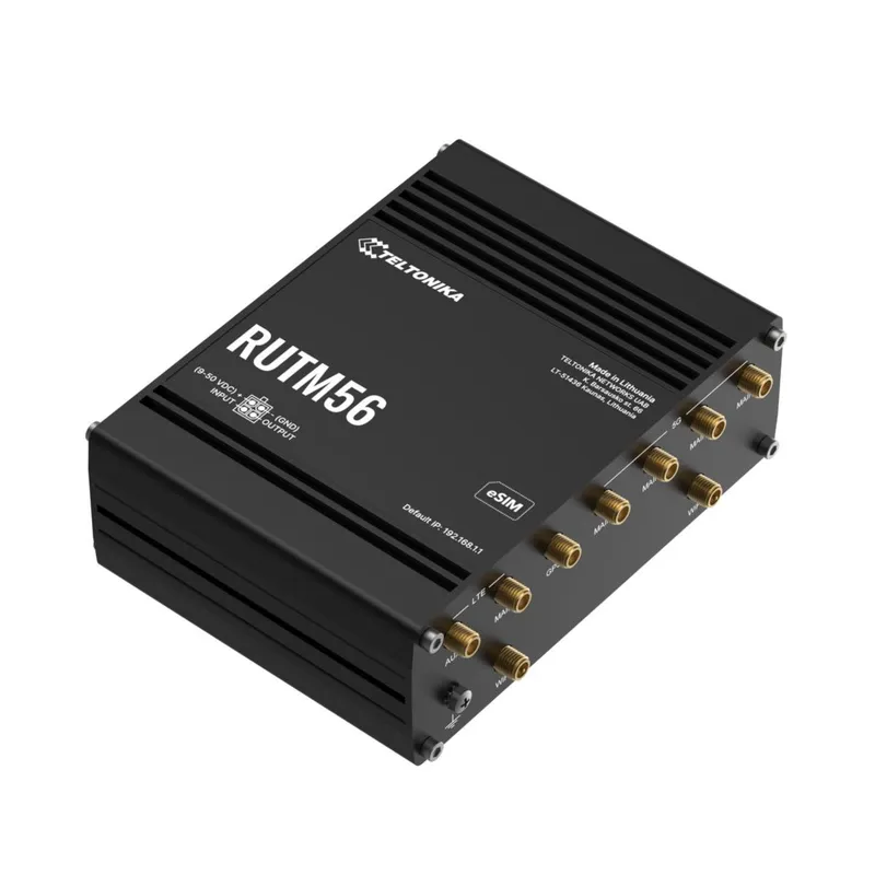 Teltonika RUTM56 Dual Modem Router mit 5G und 4G Cat 4, schwarz, rechteckig, mit weißen Beschriftungen und goldfarbenen