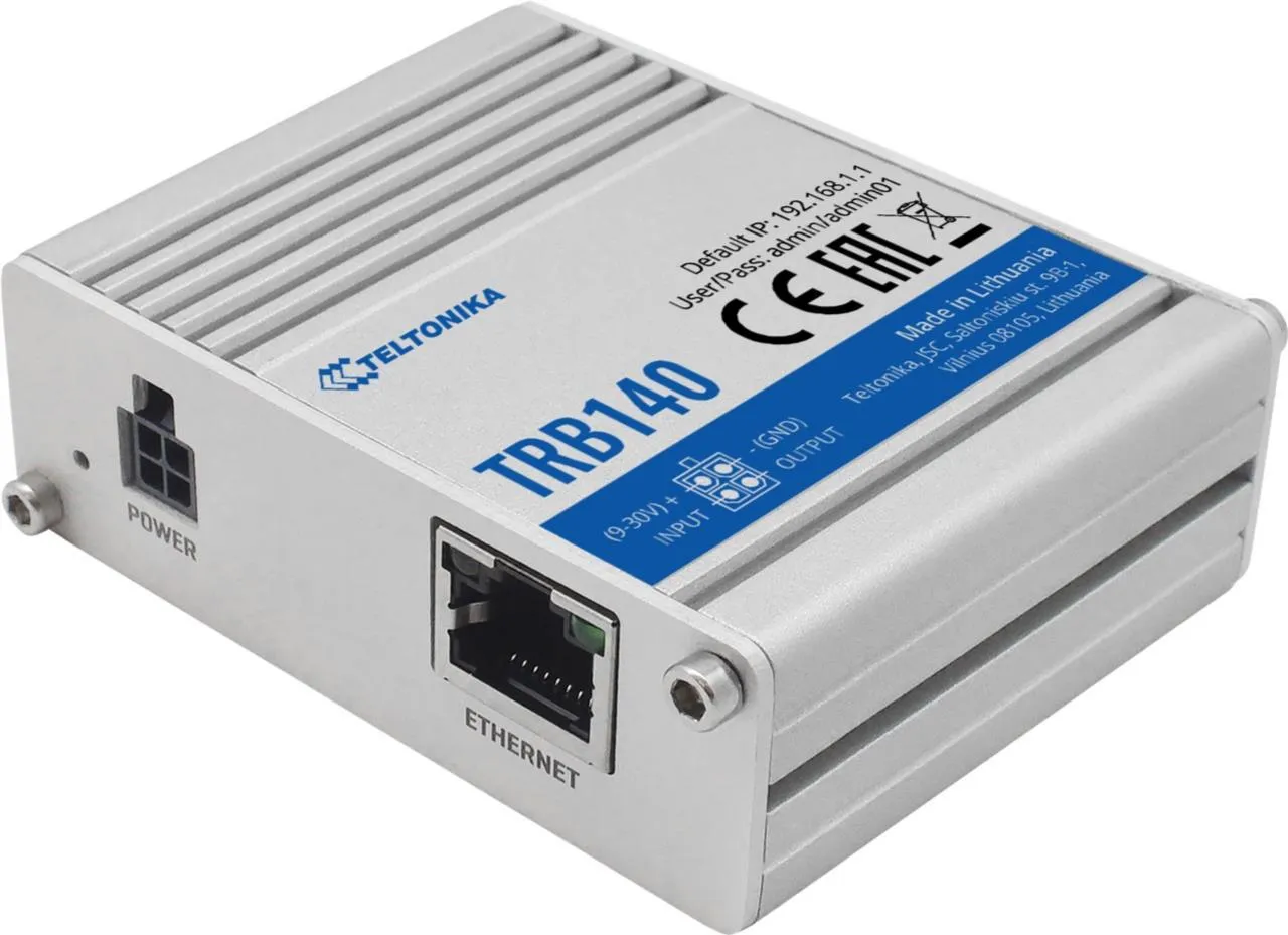 TRB140 Industrielles LTE Cat 4 Gateway Board mit digitalem I/O und USB, silbernes Rechteckgehäuse mit blauer Beschriftung