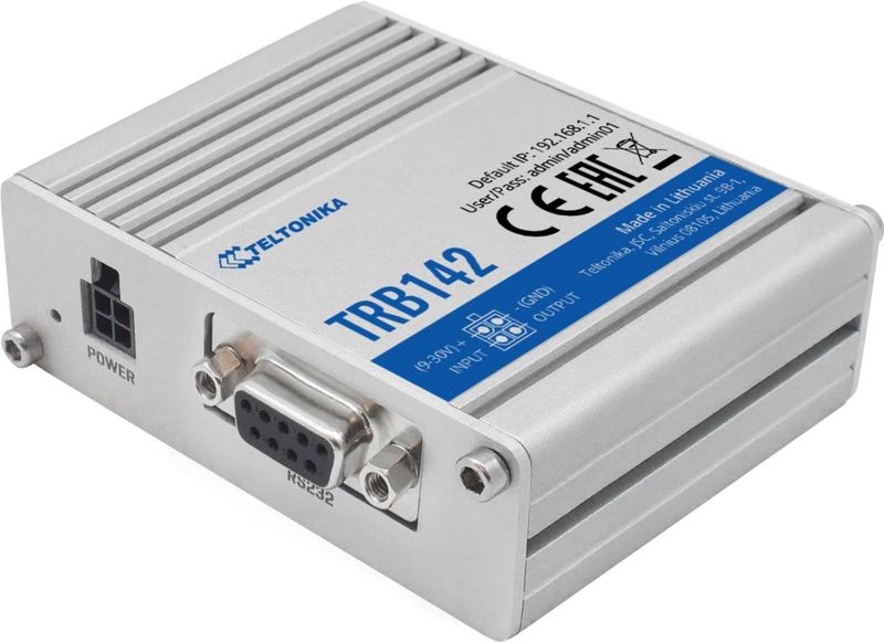 TRB142 Industrial LTE Cat 1 Gateway Board with RS-232, Digital I/O and USB, shown from above with model label, IP