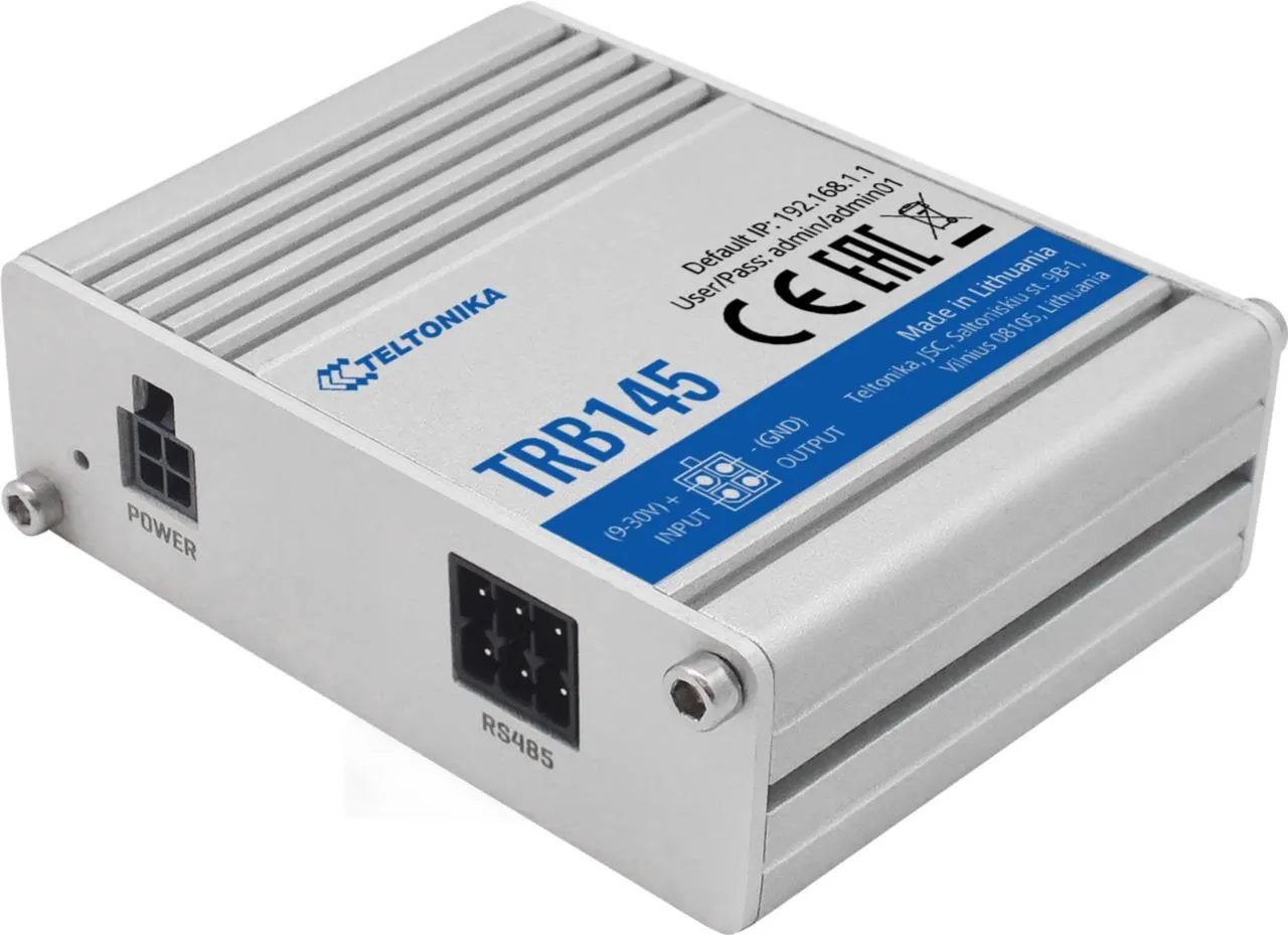 TRB145 Industrielles RS-485 LTE/GSM Gateway mit digitalem I/O und RMS-Unterstützung, silbernes rechteckiges Gerät von oben TRB145 Industrielles RS-485 LTE/GSM Gateway mit digitalem I/O und RMS-Unterstützung, silbernes rechteckiges Gerät von oben