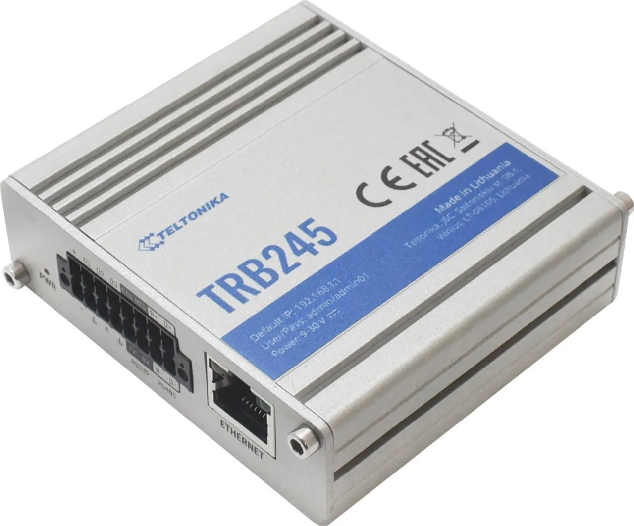 Gateway industriale LTE Cat 4 M2M Teltonika TRB245 con connettore terminale, porta Ethernet e indicatori LED, montaggio a Gateway industriale LTE Cat 4 M2M Teltonika TRB245 con connettore terminale, porta Ethernet e indicatori LED, montaggio a