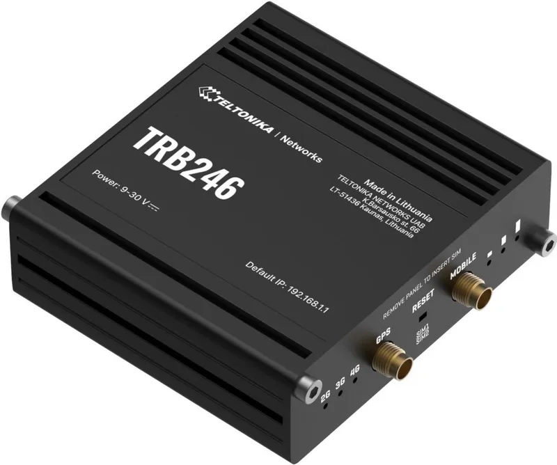 Teltonika TRB246 Industrial 4G/LTE IoT Gateway, schwarzes rechteckiges Gehäuse mit Modellnummer, Lüftungsschlitzen und