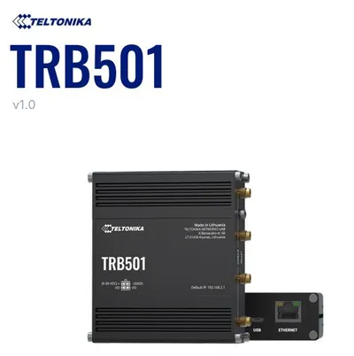 Gateway Teltonika TRB501 5G nero con connettori antenna dorati e porte USB/Ethernet su sfondo bianco con testo blu.