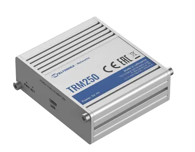 Промышленный модем Teltonika TRM250 4G-LTE Cat 1, вид сверху на серебристый корпус с ребристой текстурой, светодиодные