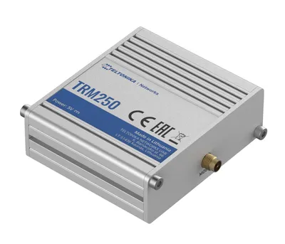 Промышленный модем Teltonika TRM250 4G-LTE Cat 1, серебристый прямоугольный корпус с синей надписью модели, показан сверху.