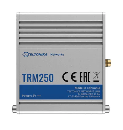 Промышленный модем Teltonika TRM250 4G-LTE Cat 1, серебристый корпус с ребрами охлаждения, логотип Teltonika Networks и