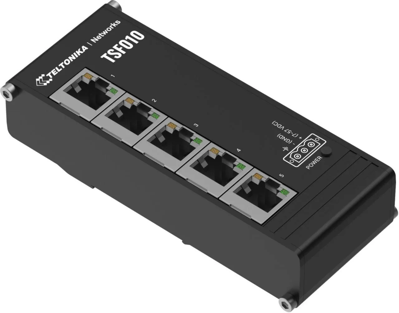 Teltonika TSF010 5-Port 10/100 Flat Industrial Unmanaged Switch, schwarz, rechteckig, fünf RJ45-Ports mit grauer