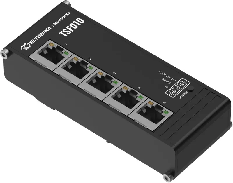 Teltonika TSF010 5-Port 10/100 Flat Industrial Unmanaged Switch, schwarz, rechteckig, fünf RJ45-Ports mit grauer